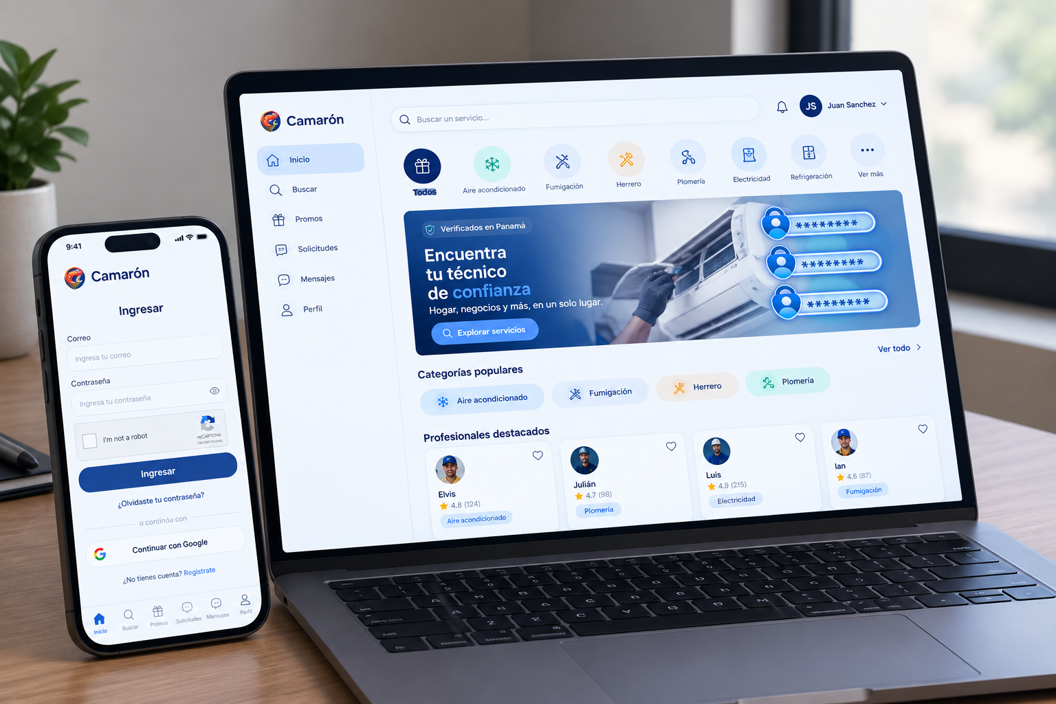 Camarón - Plataforma web y app para encontrar técnicos verificados en Panamá